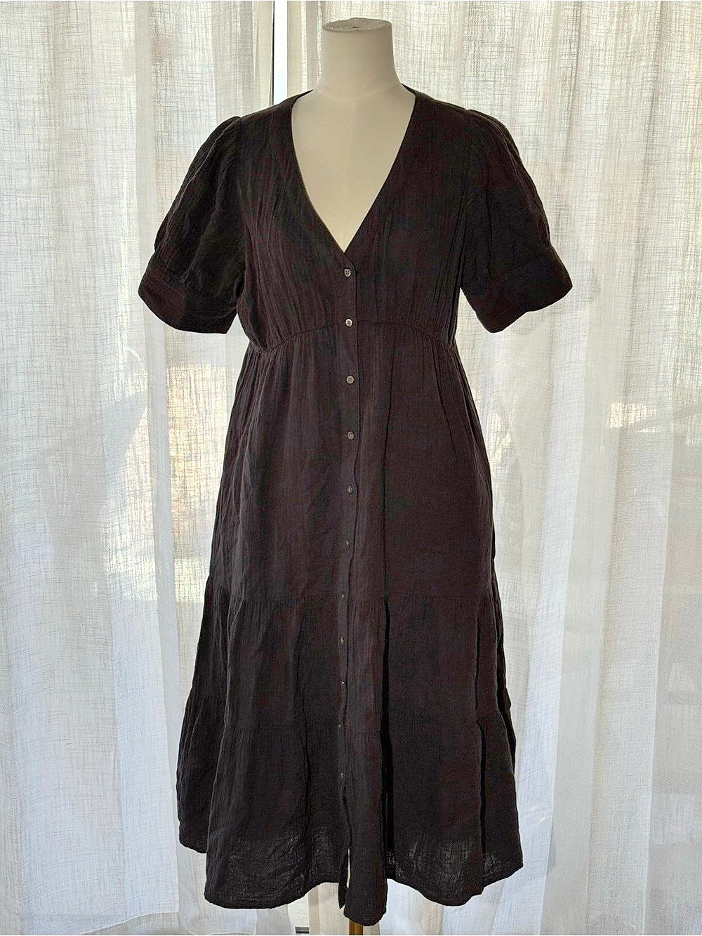 Madewell Black Double Gauze Cotton Button Front Midi Dress Puff Sleeve Tiered Si